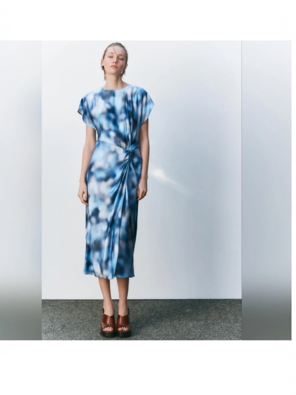 Zara abstract Blue Tie-Dye Midi Dress sz XL